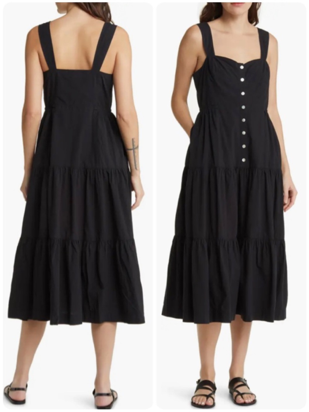 Madewell Suzette Black Seamed Bodice Tiered Cotton Midi Dress Sundress Size 4